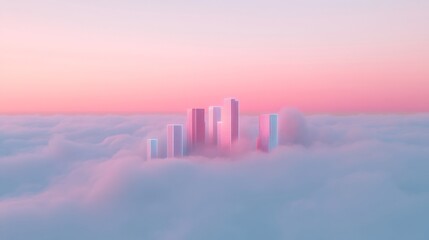 Poster - Neon Glowing Skyscrapers Emerging from Clouds Advanced Architecture in Futuristic Cityscapes for Green Innovation and Sustainable Urban Development