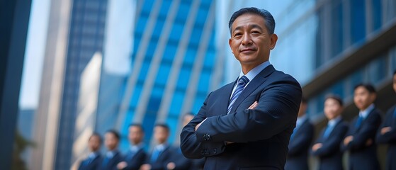 Aufkleber - Confident Businessman in Formal Attire Posing Outside Modern Office Building with Team of Professionals in Background, Emphasizing Leadership and Collaboration in Corporate Environment