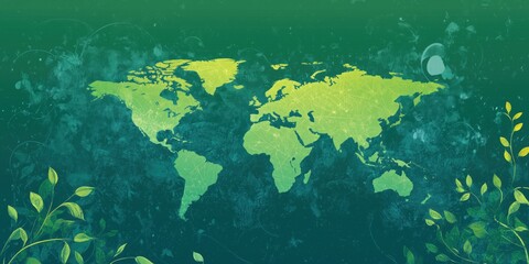 Poster - World Map with Greenery and Nature Elements, Illustrating Environmental Awareness and Global Connection