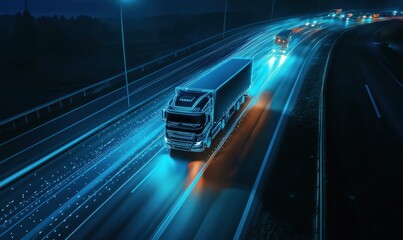 Poster - Futuristic illuminated trucks on highway at night, showcasing advanced technology and motion blur effects