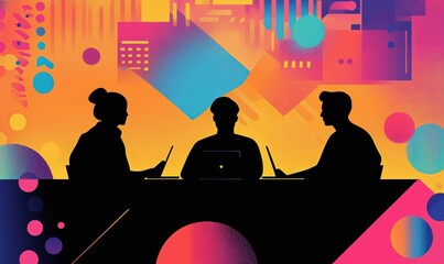 Poster - Silhouetted Team Collaboration in Vibrant Abstract Workspace with Colorful Background and Digital Elements