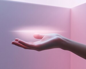Poster - Futuristic Holographic Interface Hovering Over Hand Sleek Digital Display with Pink Illumination for Business Innovation and Data Analytics in Tech Industry