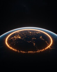 Poster - Futuristic Global Connectivity Aerial Earth with Glowing City Lights at Sunrise - Innovative Technology Visuals for Environmental and Business Insights