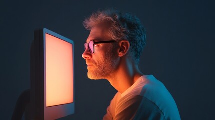 Poster - Emotional Digital Nostalgia CRT Monitor Glow on Middle-Aged Mans Face - Retro Tech Aesthetic for Modern Marketing and Storytelling