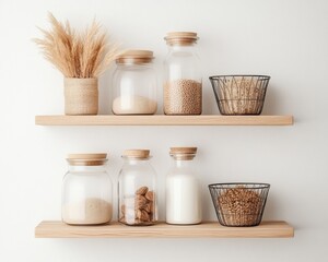 Poster - Minimalist Pantry Organization Glass Jars and Woven Baskets on Wooden Shelves - Streamlined Storage Solutions for Modern Home Efficiency