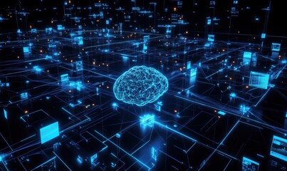 Poster - Neural Network Visualization in Digital Space with Glowing Brain and Data Connections
