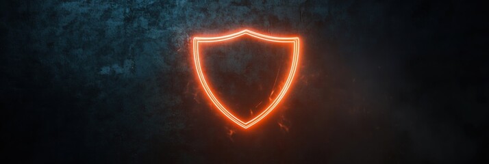 Poster - Neon Shield Icon Glowing Against Dark Textured Background, Symbolizing Protection and Security