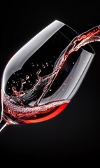 Red wine pouring and splashing into a glass on black background