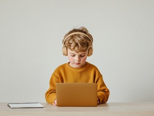 Poster - Scandinavian Minimalist Study Space Young Boy in Cozy Knit with Wooden Headphones and Laptop - Digital Learning Brightens Smart Home Education and Child Development