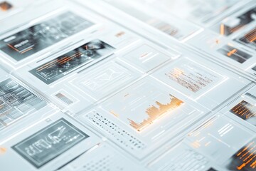 Poster - futuristic ui layout with clean grid-based structure on soft white background featuring modern typography and ample
