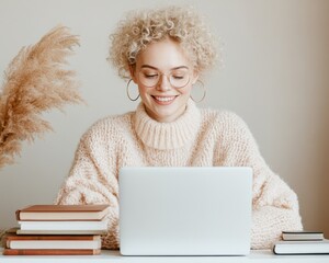 Poster - Cozy Home Office Aesthetic Smiling White Woman, 40, Engaged in Virtual Meeting - Digital Marketing and Startup Culture, Modern Remote Work Success