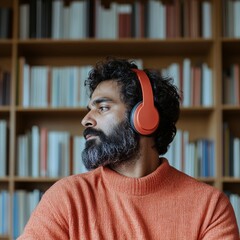 Poster - Contemporary Home Office Indian Man (35) in Cozy Knitwear and Modern Headphones Amidst Bookshelves - Remote Work and Virtual Collaboration in Digital Age