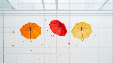 Poster - Playful Surreal Umbrella Installation Hanging Colorful Decor in Modern Glass Office for Enhancing Creative Spaces and Innovative Brand Ambiance