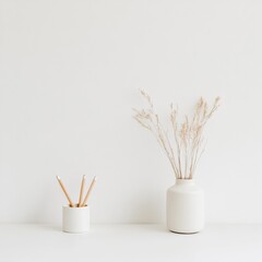 Aufkleber - Minimalist Workspace Design Ceramic Vase with Dried Grass for Intentional Productivity Modern Office Decor and Wellness Marketing Content