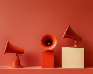 Leinwandbilder - Retro-Inspired Emergency Broadcast Setup Vibrant Orange Megaphones on Textured Blocks for Public Safety in Modern Communication Design and Business Environments