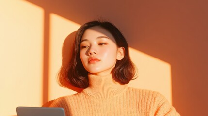Aufkleber - Sunlit Virtual Study Space Asian Teenage Girl Engaged in Digital Learning with Cozy Textures - Enhancing Modern Educational Content and Remote Learning Solutions