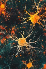 Poster - Neurons with Dendrites and Axons in Vibrant Colors, Abstract Representation of Neural Activity and Brain Function