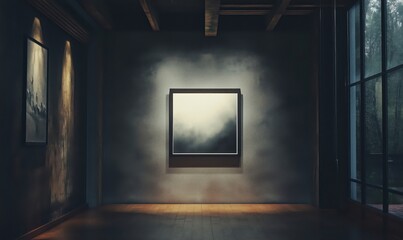 Poster - Abstract monochrome artwork displayed in modern gallery with natural light and wooden accents