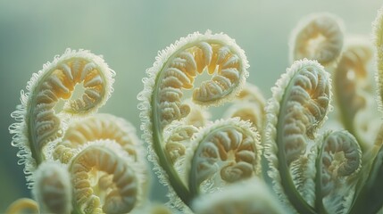 Poster - mesmerizing close-up of ferns unfurling in synchronized curls their delicate structures highlighted by soft morning
