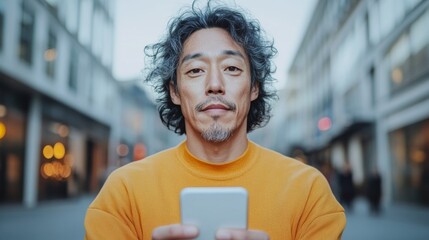Aufkleber - Urban Technology Portrait Middle-Aged Asian Man Engaging with Smartphone in Modern Cityscape - Digital Connectivity and Social Interaction for Tech Marketing