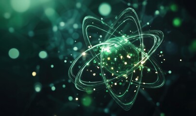 Poster - Atomic structure visualization with glowing particles and dynamic orbits, representing energy and matter interactions in a digital abstract design