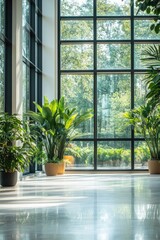 Poster - peaceful interior space with large floor-to-ceiling filled with natural light and indoor plants clean modern design