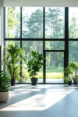Poster - peaceful interior space with large floor-to-ceiling filled with natural light and indoor plants clean modern design