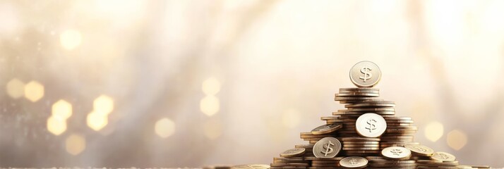 Poster - Stack of shiny gold coins symbolizing increasing wealth and successful investment strategies in a bright, optimistic setting