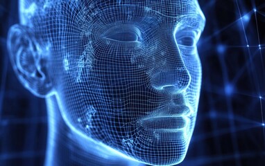 Poster - Abstract digital human head with gears and a polygonal wireframe on a dark blue background, a concept of artificial intelligence technology, machine learning, or computer science Generative AI