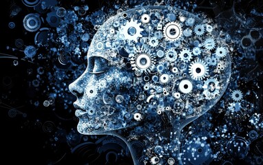 Poster - Abstract digital human head with gears and polygonal lines on a dark blue background an artificial intelligence concept for technology design or business success in a futuristic style Generative AI