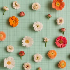 Poster - Cheerful Floral Flat Lay on Textured Backdrop Modern Visual for Vibrant Marketing and Eco-Friendly Design in Creative Industries