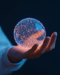 Leinwandbilder - Futuristic Digital Sphere Hand Holding Glowing Light Trails and Particles - Innovative Tech Imagery for Business Innovation and Creative Digital Marketing Strategies