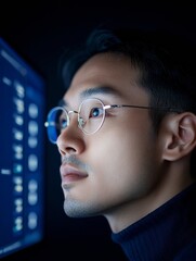 Poster - Contemporary Office Aesthetic Focused Asian Male Utilizing Multi-Screen Setup for Efficient Customer Support - Tech-Driven Communication in Modern Public Service Workspace