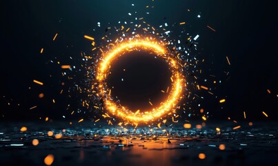 Poster - Glowing Circular Ring of Shattered Particles in Dark Background, Dynamic Energy and Light Effects
