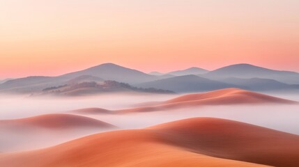 Poster - Serene Sunrise Over Misty Valleys Soft Pink and Orange Light on Rolling Hills - Tranquility Imagery for Wellness Branding and Eco-Friendly Decor