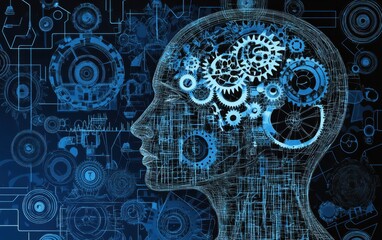 Poster - Abstract human head with gears and a polygonal wireframe on a dark blue background AI concept represents the technology of artificial intelligence and digital transformation Generative AI