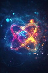 Poster - Colorful abstract representation of atom with glowing particles and energy waves, showcasing scientific concepts of atomic structure and energy