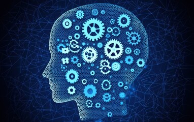 Poster - Abstract digital human head with gears and a polygonal mesh background, an AI technology concept Generative AI