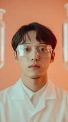 Aufkleber - Modern Academic Exploration Korean Student in Contemporary Lab with Glassware and Safety Gear - Inspiring Innovation for STEM Education and Scientific Advancement