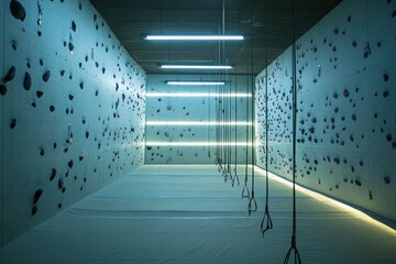 Poster - serene view of empty climbing gym with ropes walls and holds illuminated by soft lighting