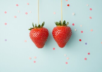 Aufkleber - Playful Fruit Aesthetic Hanging Strawberries with Carnival Confetti on Pastel - Engaging Visual Content and Creative Event Marketing for Modern Lifestyle Brands