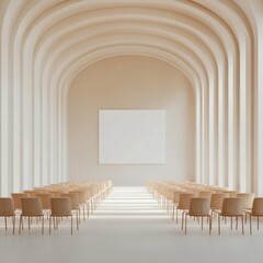 Fototapete - Minimalist Government Meeting Room Scandinavian Wooden Chairs and Arched Architecture - Modern Public Infrastructure and Digital Governance Space Efficiency