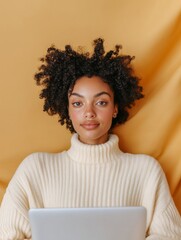 Aufkleber - Contemporary Minimalism African American Woman, 30, in Cozy Knit and Laptop Setting - Digital Nomad Aesthetic for Modern Remote Work Promotion