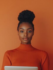 Poster - Minimalist Remote Work Aesthetic African American Woman, 30s, Embracing Digital Nomad Lifestyle in Clean Hotel Space - Modern Freedom and Productivity in Travel and Business Context