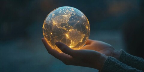Poster - Glowing Earth Globe Held in Hands, Symbolizing Global Connectivity and Technology, Illuminated with Network Lines and Data Connections