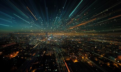 Poster - Dynamic cityscape with light trails depicting urban energy and movement at night, showcasing vibrant city lights and skyline