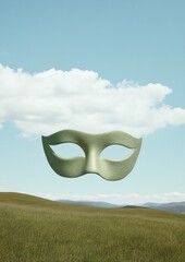 Poster - Carnival-Inspired Eco Textures Olive-Green Mask Over Vast Fields - Creative Marketing Visuals for Sustainable Fashion and Cultural Campaigns