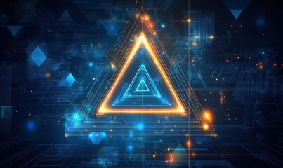 Poster - Futuristic glowing triangle with neon lights and digital circuitry background, showcasing advanced technology and abstract design elements