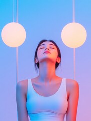 Leinwandbilder - Surreal Illumination Experience Asian Woman in Interactive Light Installation with Glowing Spheres - Immersive Urban Art and Modern Gallery Design for Experiential Marketing
