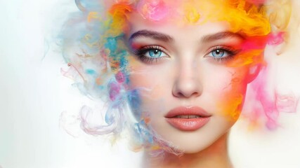 Wall Mural - beautiful fantasy abstract portrait of a beautiful woman double exposure with a colorful digital paint splash or space nebula	